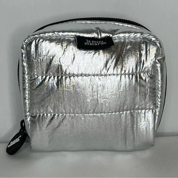 Le Mini Macaron Silver Disco Pouch-Quilted Nylon Zipper Pouch - Picture 1 of 10